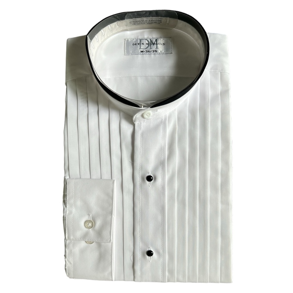 Devin‎ Michaels Men's White Banded Collar Pleat Tuxedo Shirt Size Medium NEW